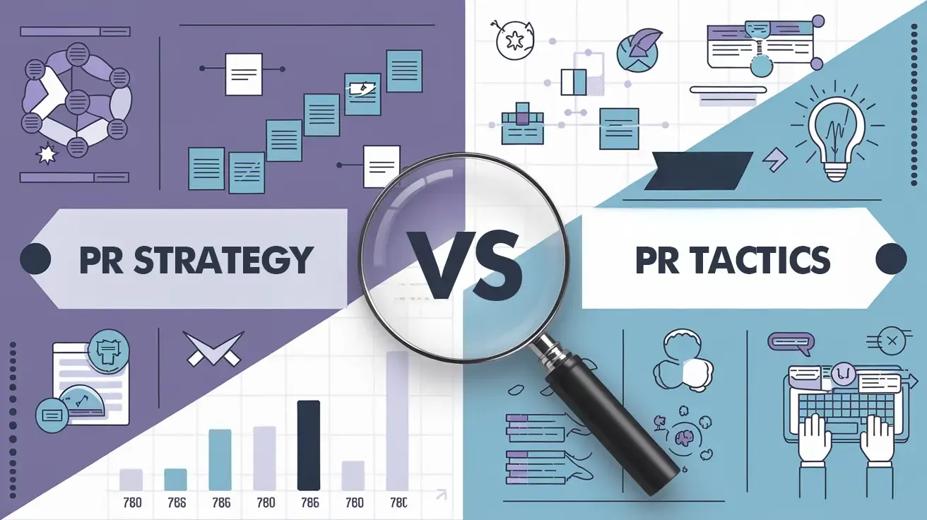 Split-screen infographic divided diagonally by a magnifying glass over “VS.” The left purple half is labeled “PR STRATEGY” with planning flowcharts and a bar chart; the right blue half is labeled “PR TACTICS” with scattered task icons, a lightbulb, chat bubbles, and a person typing.