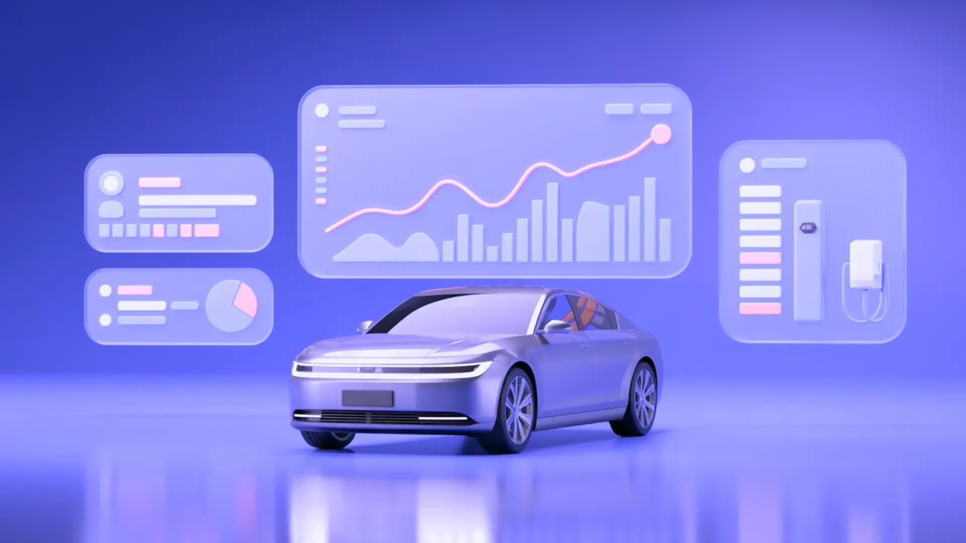 Three silver electric cars—a sedan, an SUV, and a coupe—parked between two EV charging stations in a violet-lit studio, with a glowing upward growth chart and a pie chart on the wall behind them.