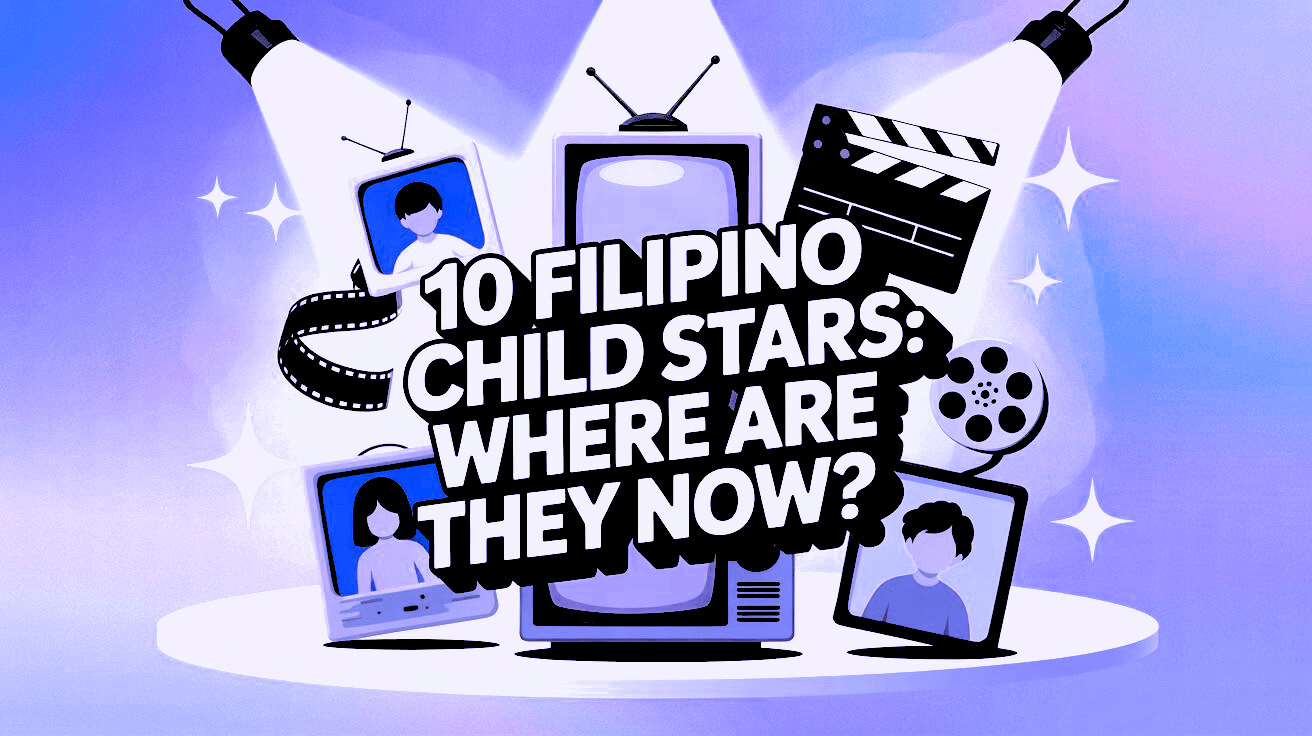 Illustrated title card reading “10 FILIPINO CHILD STARS: WHERE ARE THEY NOW?” in bold white letters, surrounded by retro televisions, a film reel, a clapperboard, and framed screens showing child silhouettes under stage spotlights.