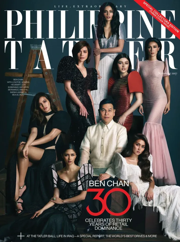 Magazine cover with the masthead “PHILIPPINE TATLER” above a group of formally dressed people, with a “30” anniversary cover line.