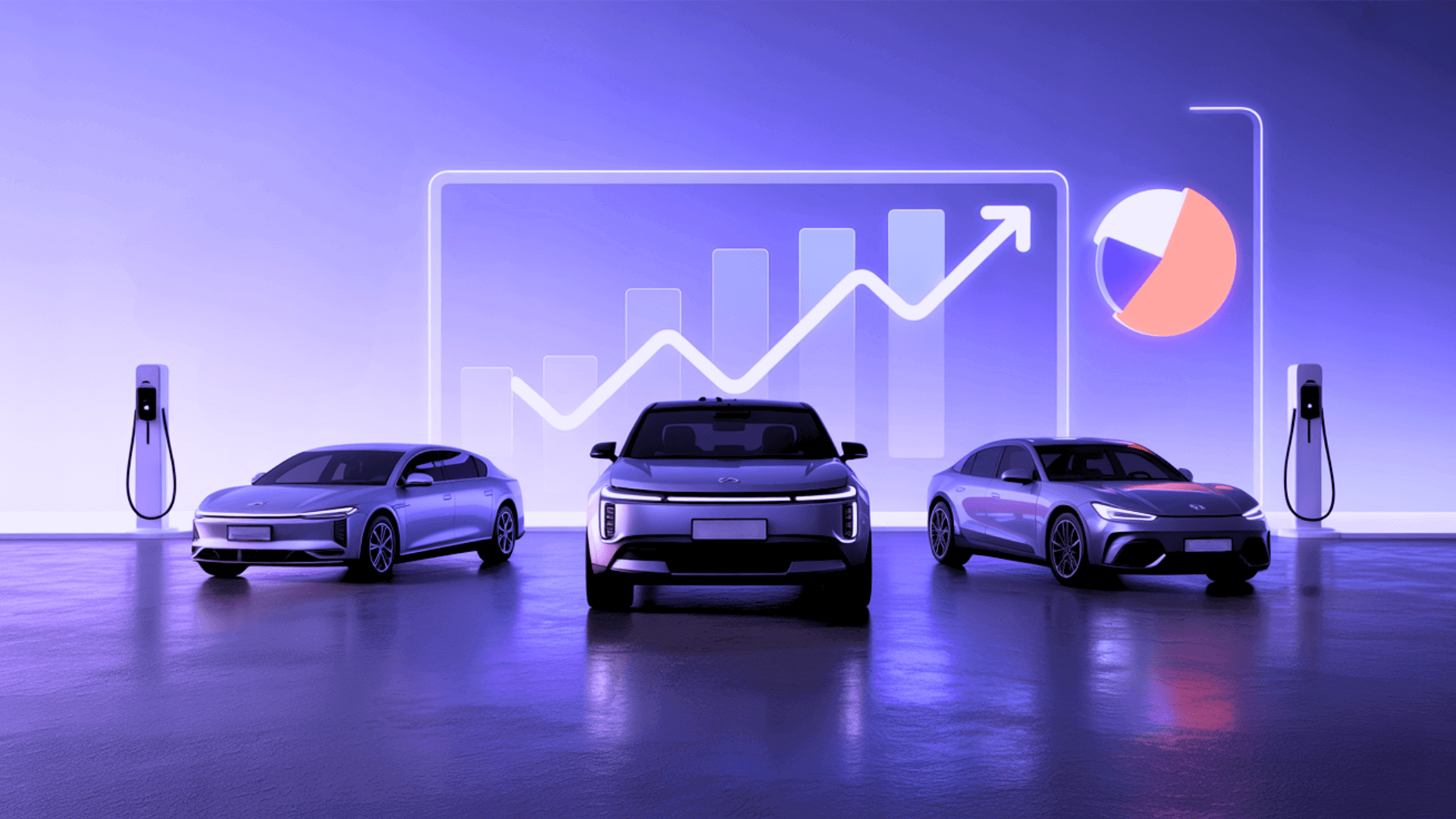 A silver electric sedan displayed in a blue studio surrounded by floating glassy dashboard panels showing a rising line graph, bar charts, a pie chart, and an EV charging readout.