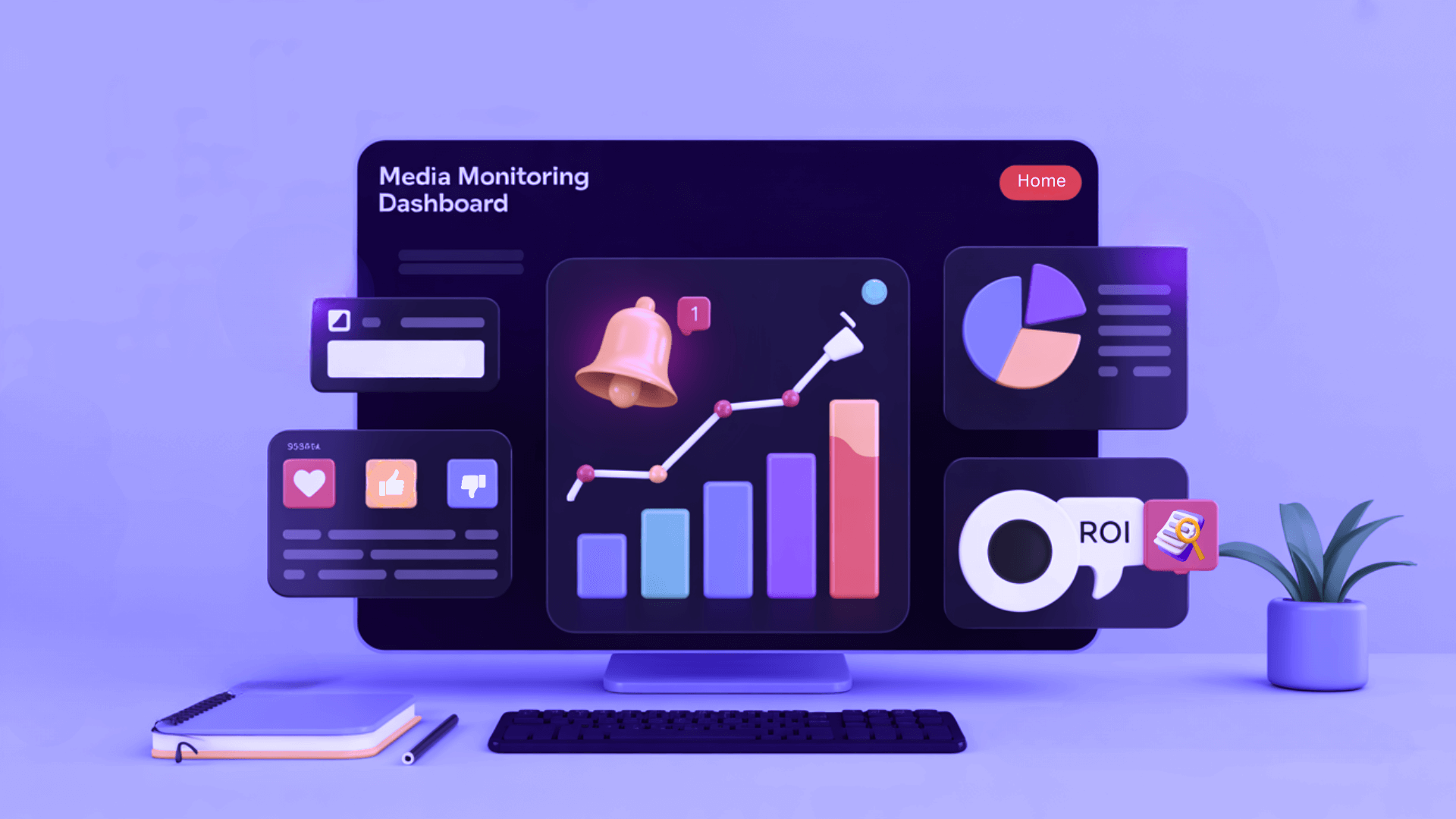 A 3D monitor headed “Media Monitoring Dashboard” with a rising line-and-bar chart, a glowing notification bell marked “1,” a pie chart, heart, thumbs-up and thumbs-down icons, and a key icon labeled “ROI,” beside a keyboard, notebook, and potted plant.