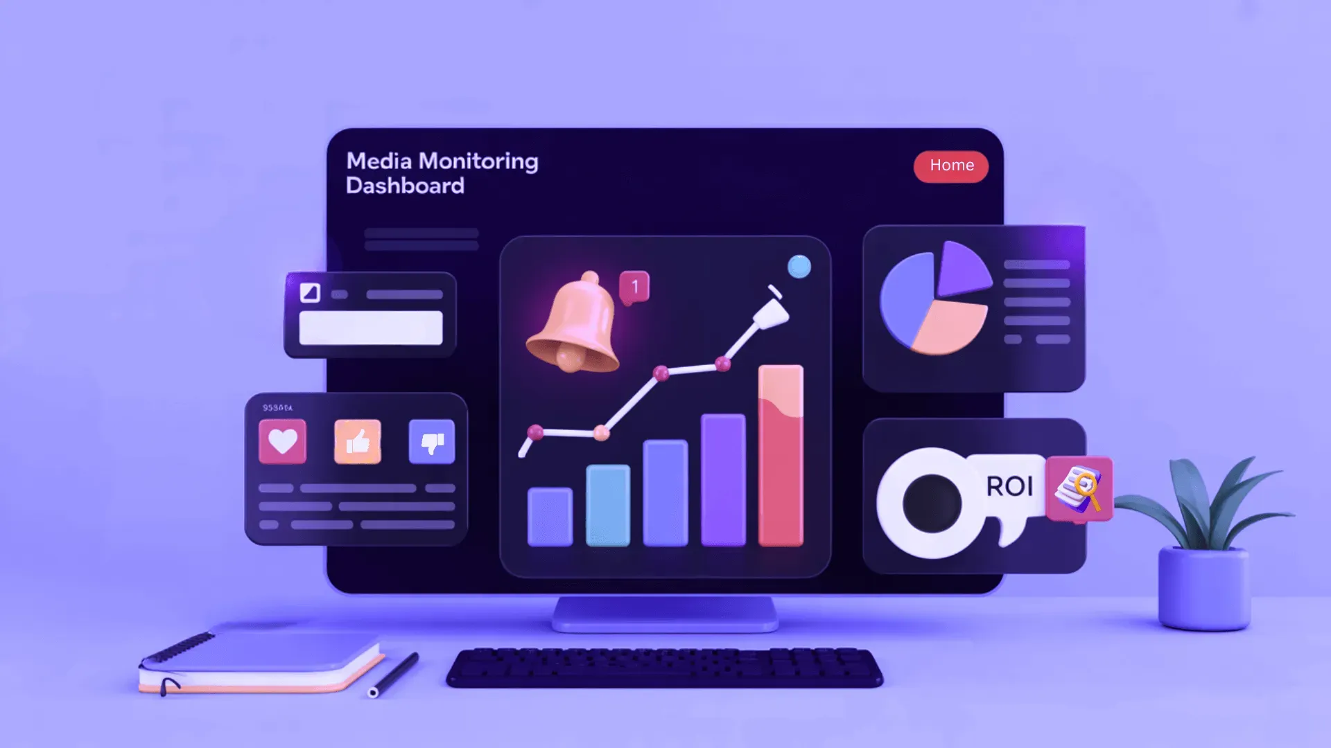 A 3D monitor headed “Media Monitoring Dashboard” with a rising line-and-bar chart, a glowing notification bell marked “1,” a pie chart, heart, thumbs-up and thumbs-down icons, and a key icon labeled “ROI,” beside a keyboard, notebook, and potted plant.