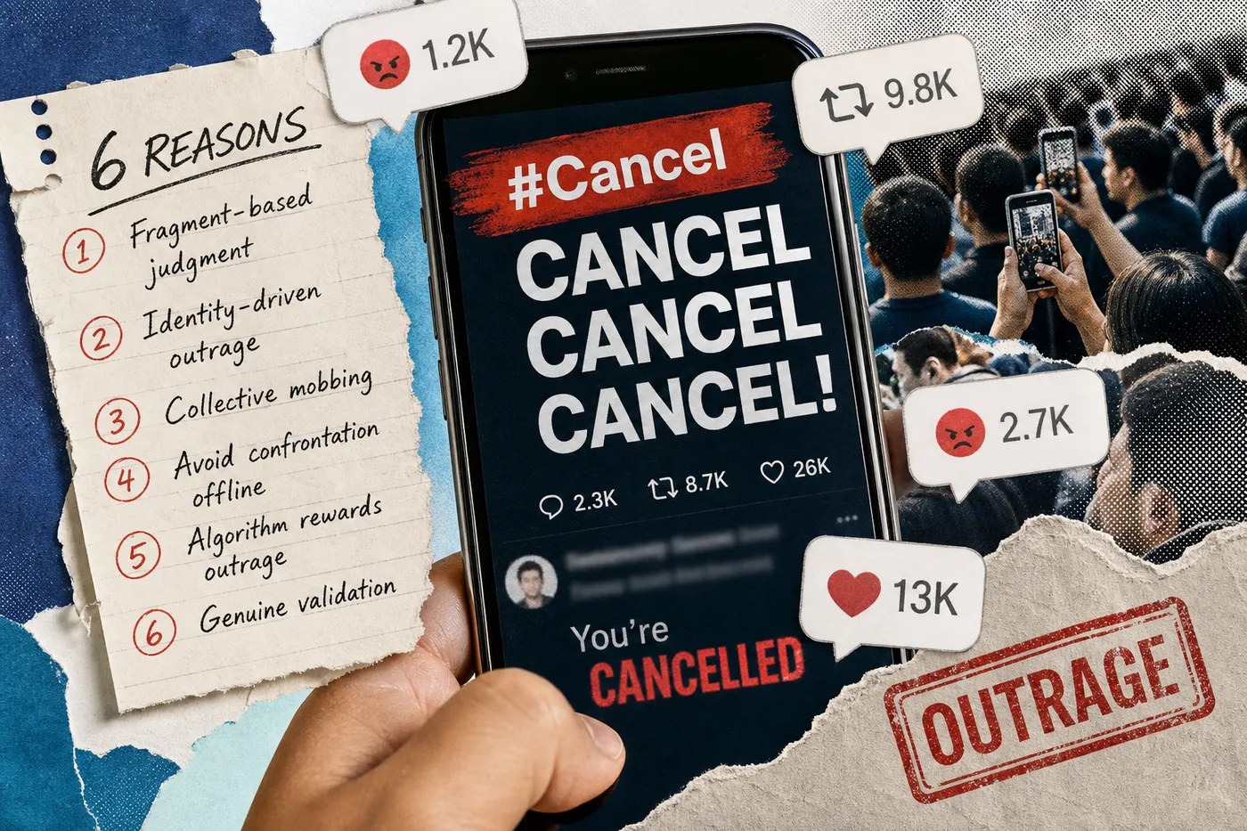 Torn notebook listing 6 reasons online cancel culture spreads fast, next to a phone showing a viral #Cancel post and a crowd filming.