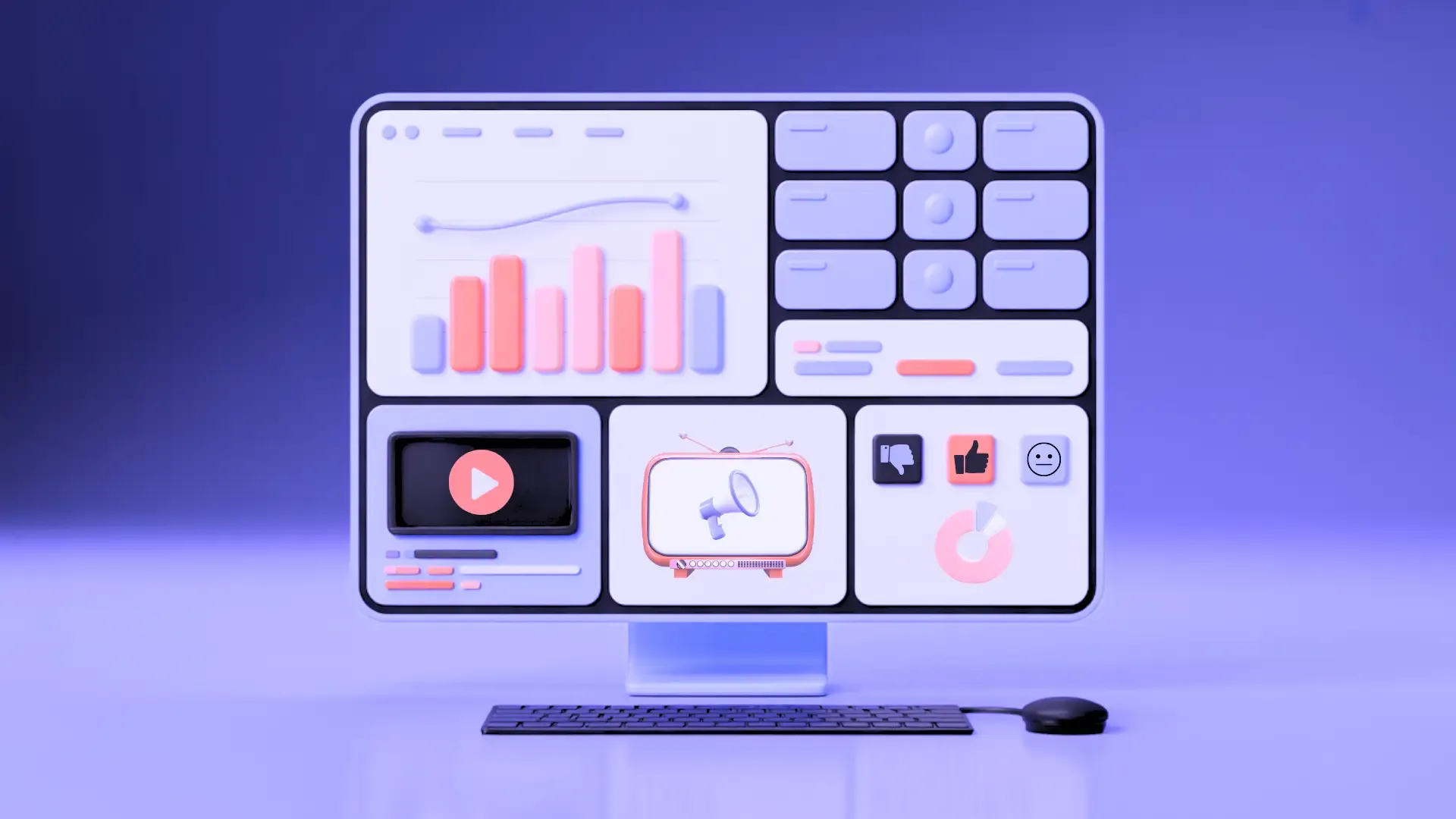 A 3D computer monitor displaying an analytics dashboard with line and bar charts, a video player with a play button, a retro television showing a megaphone, and thumbs-down, thumbs-up, and neutral-face rating icons above a donut chart, on a violet background with keyboard and mouse.