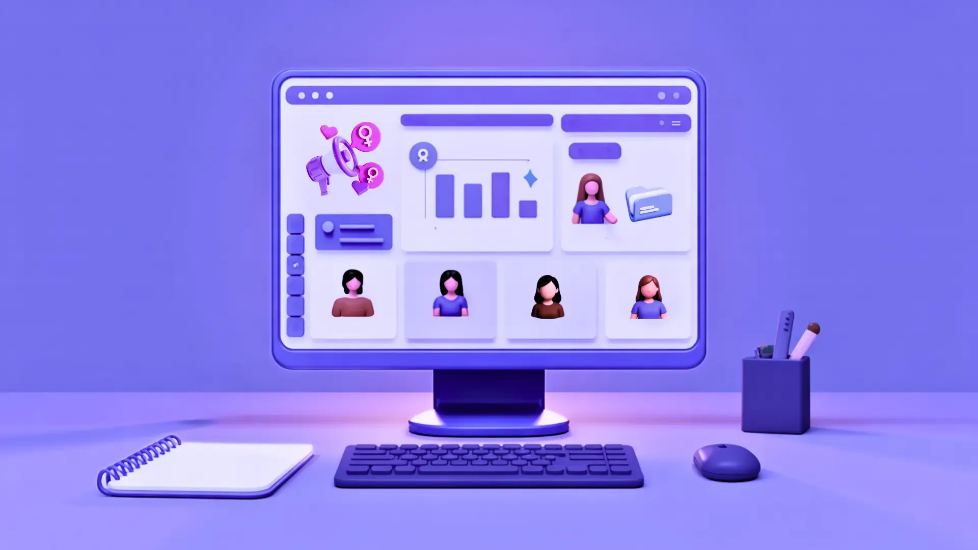 A 3D illustration of a desktop monitor showing a dashboard of women’s profile cards with a bar chart, a megaphone with female symbols and hearts, and avatars of several women, beside a spiral notebook, keyboard, mouse, and pen holder on a purple desk.