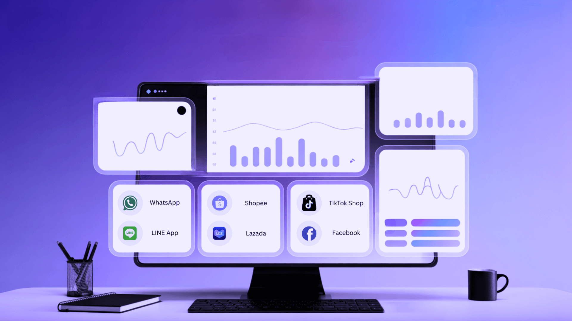 Several monitors and devices showing brand-monitoring dashboards with charts and app icons, arranged on a purple background.