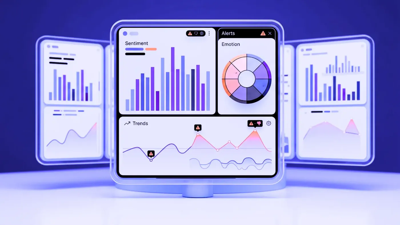 Several floating tablet screens showing analytics charts, a donut chart, and bar graphs arranged around a central display, lit in blue and purple.