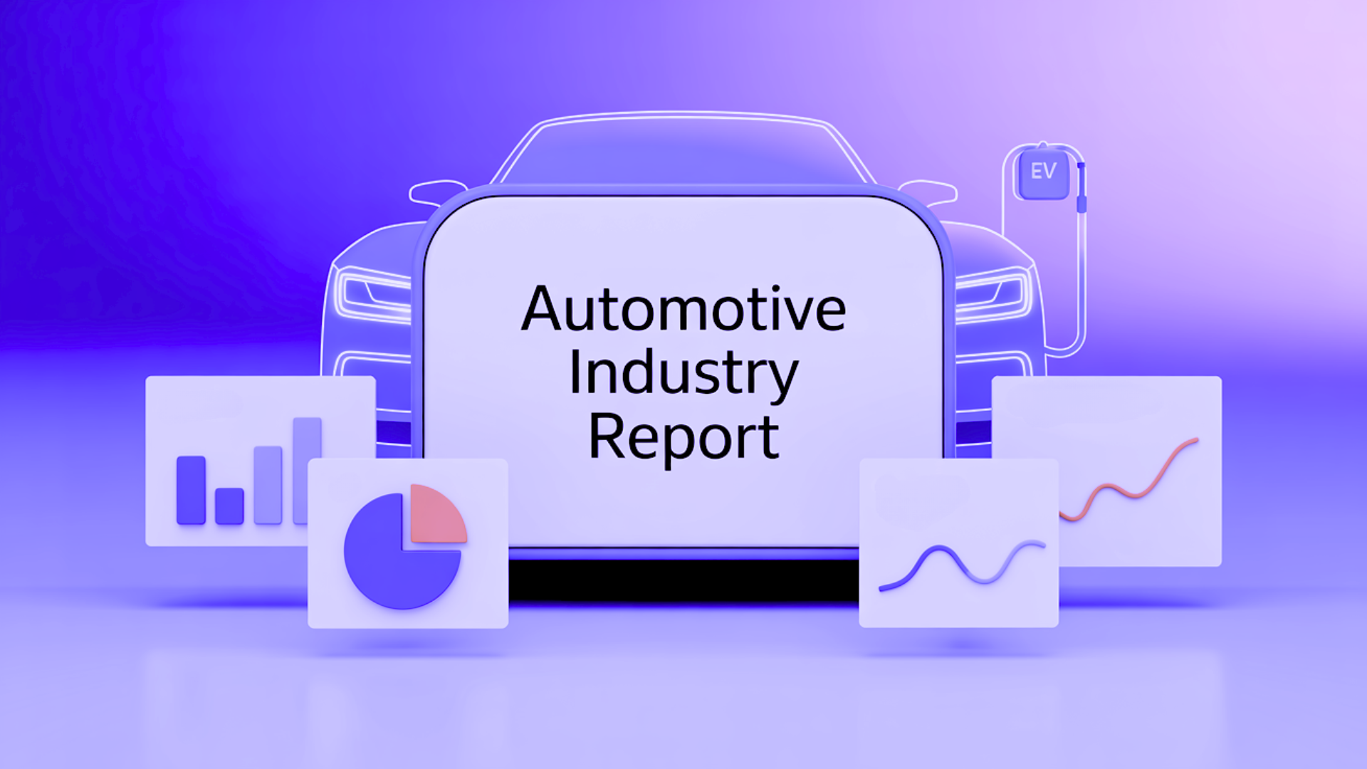 A 3D card reading “Automotive Industry Report” beside a car silhouette, bar charts, and a line graph on a purple background.