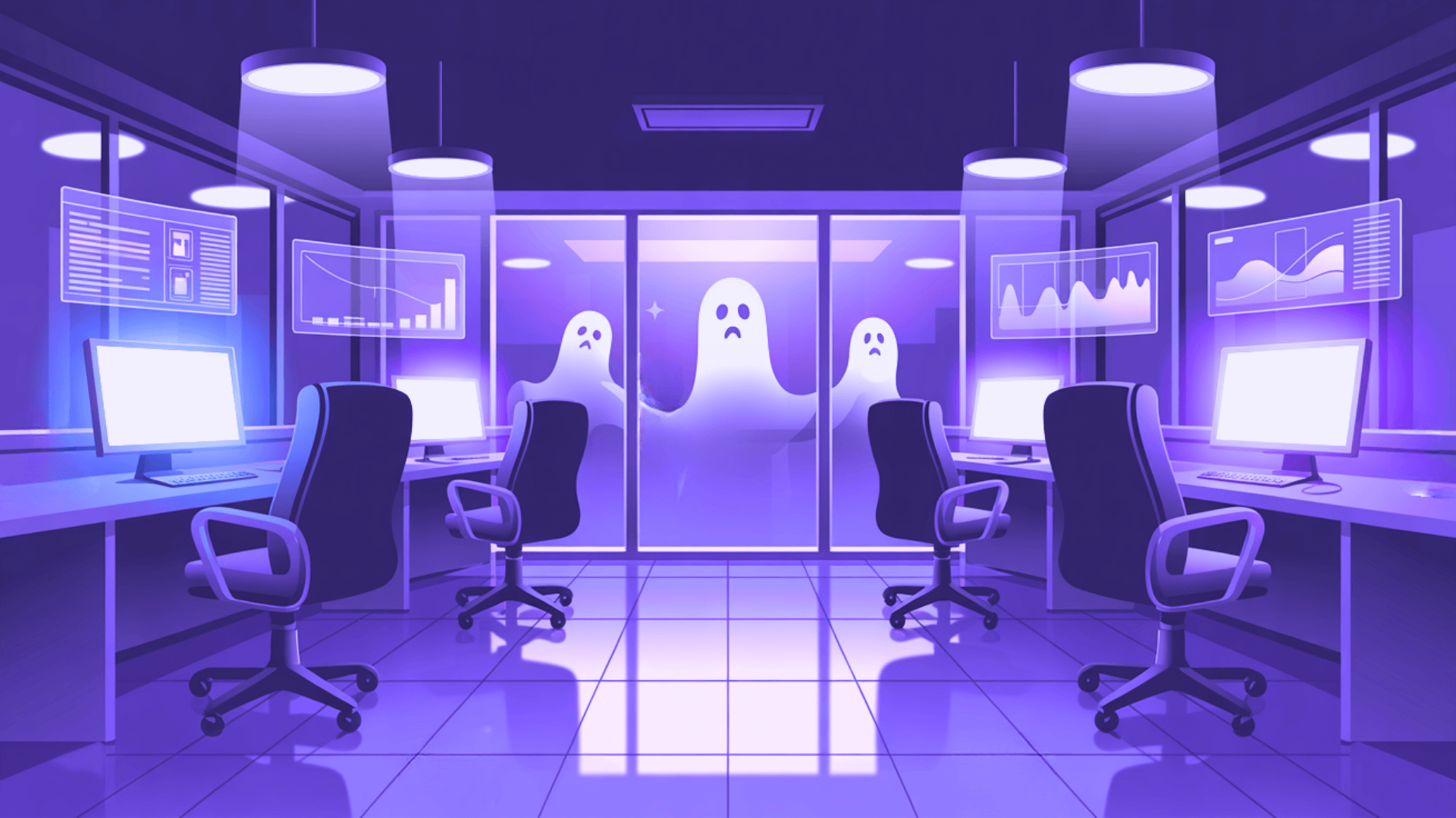 A purple-lit office cubicle scene with ghostly white figures drifting between desks, evoking call-center ghost stories.