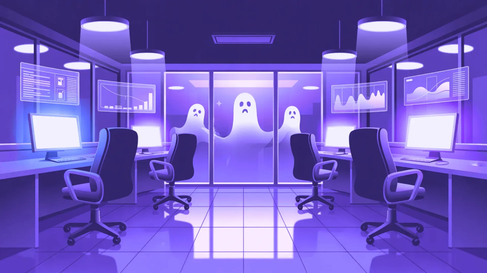 A purple-lit office cubicle scene with ghostly white figures drifting between desks, evoking call-center ghost stories.