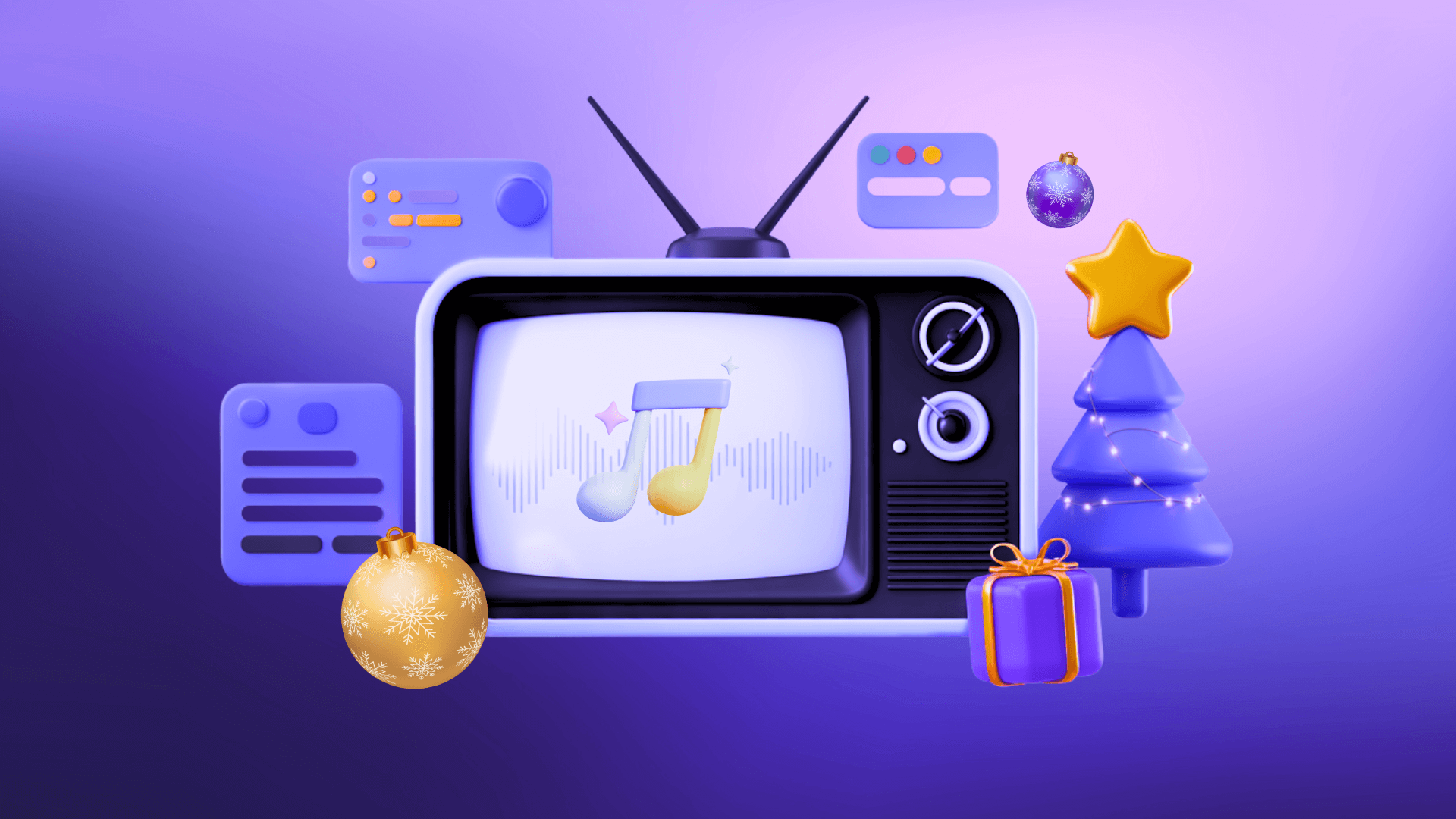 A retro television showing a musical note beside gift boxes, gold baubles, and a small Christmas tree on a purple background, themed for Christmas station IDs.