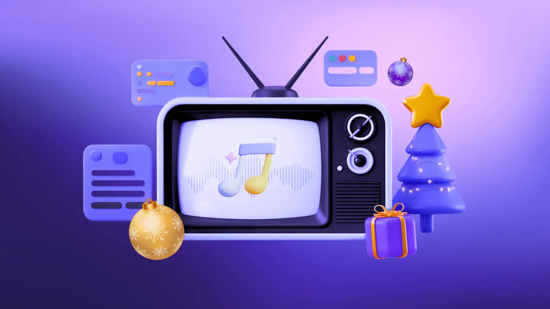 A retro television showing a musical note beside gift boxes, gold baubles, and a small Christmas tree on a purple background, themed for Christmas station IDs.
