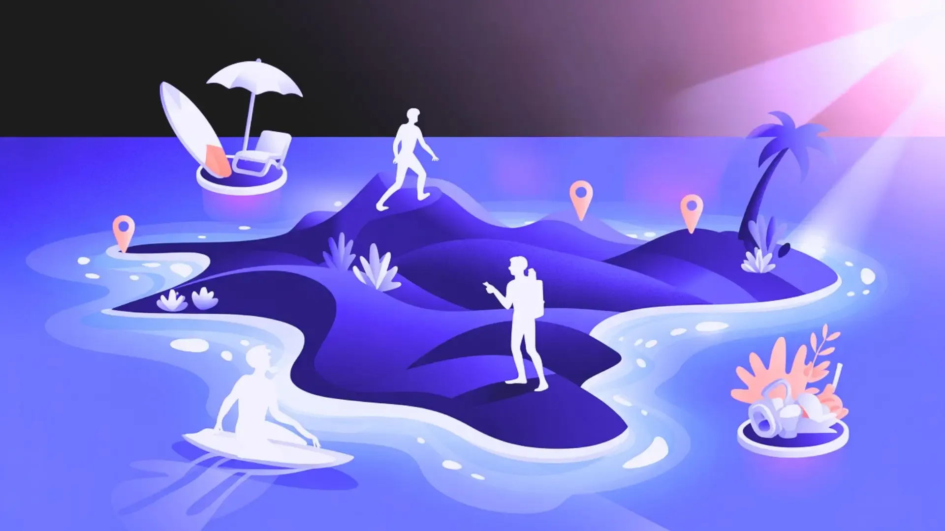 Stylized map illustration of tropical islands with tiny figures, palm trees, beach umbrellas, and coral, marking summer travel spots.