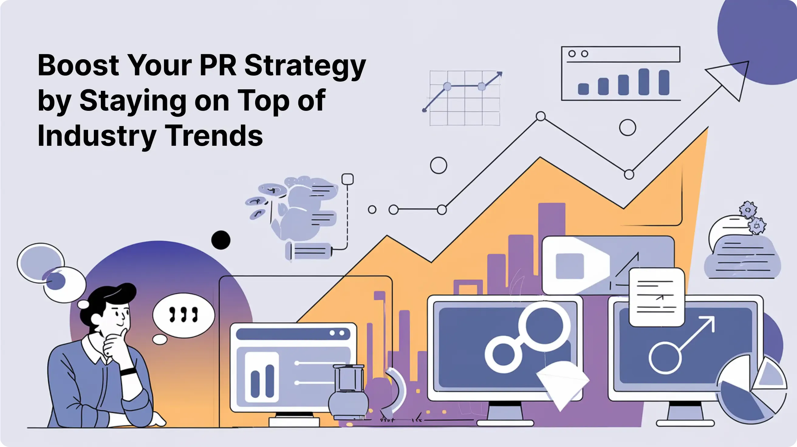 Illustrated graphic reading “Boost Your PR Strategy by Staying on Top of Industry Trends” with figures, an upward bar chart, and gear and chart icons.