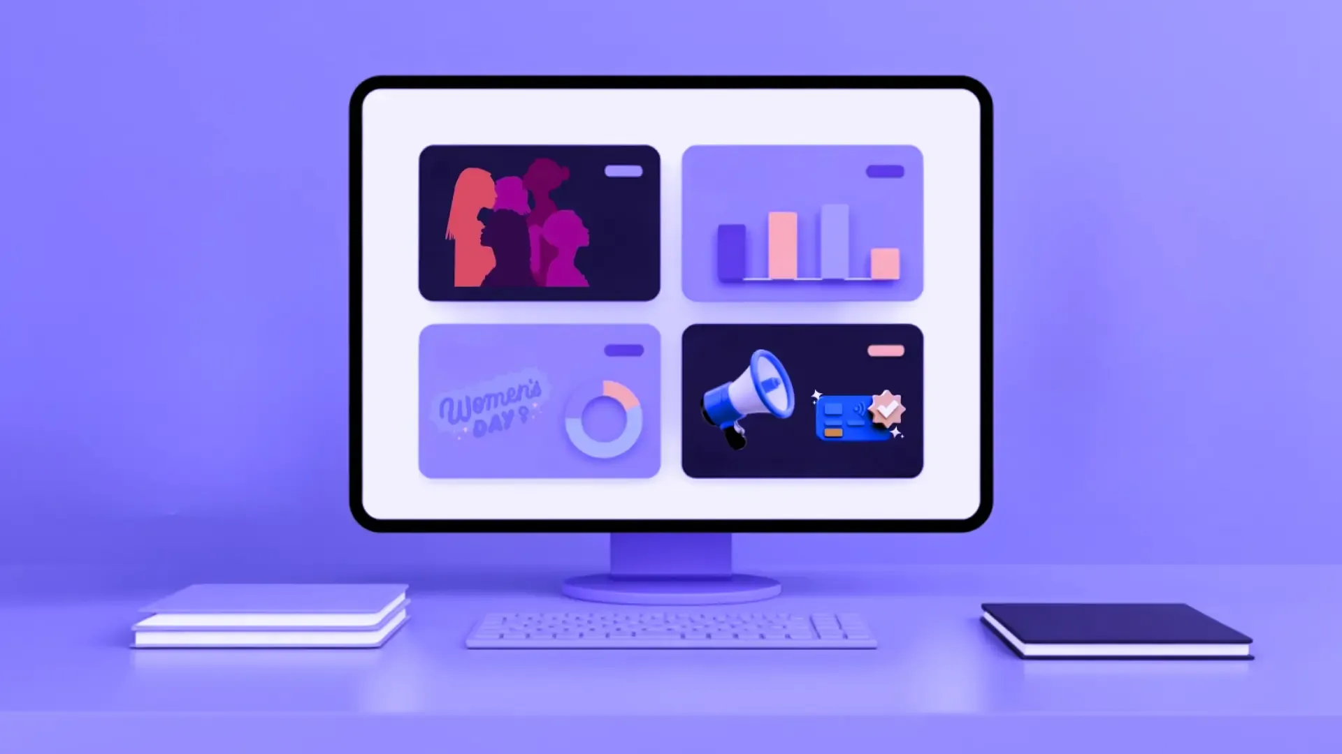 A monitor showing dashboard cards with a donut chart and bar graphs, accented with female gender symbols, on a purple background.