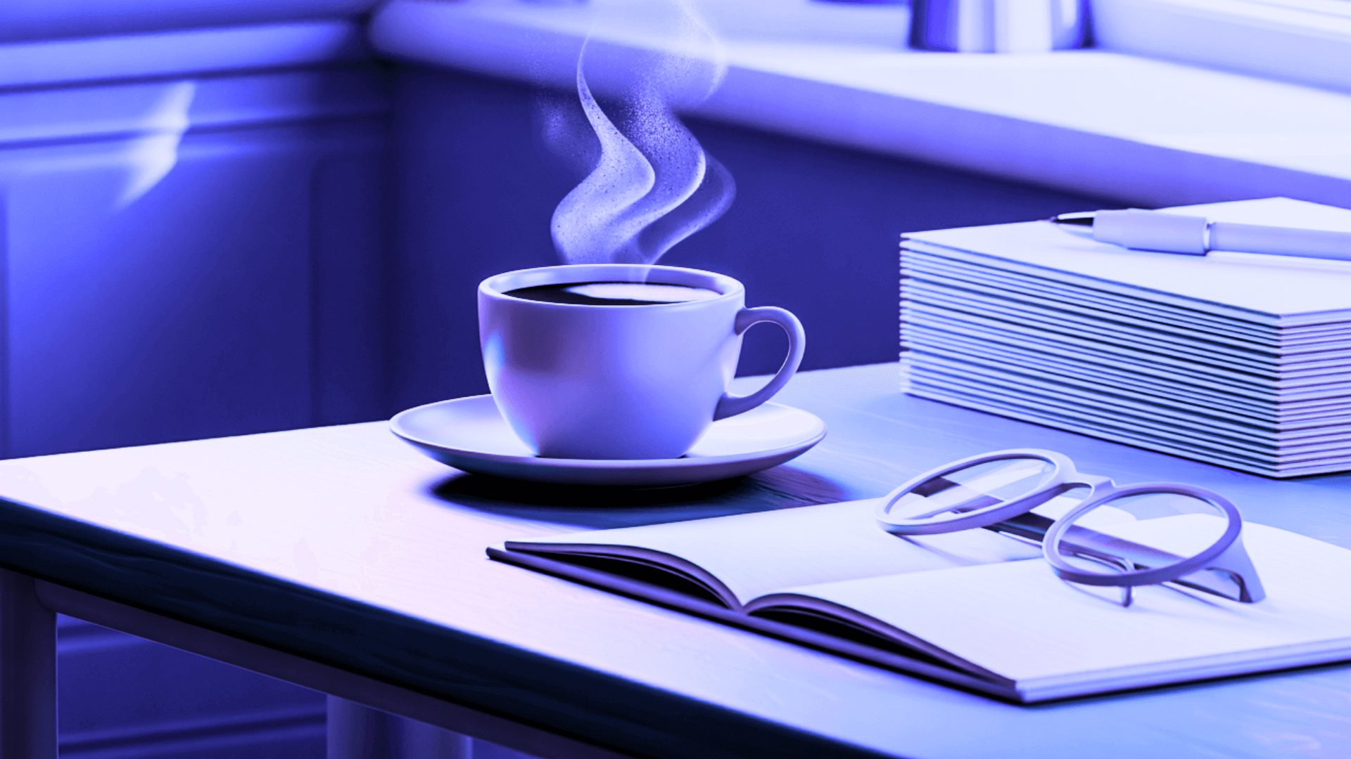 A coffee cup on a saucer beside a stack of papers and eyeglasses on a desk, lit in cool blue, evoking a business coffee shop.