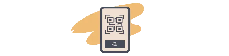 Illustration of a smartphone displaying a QR code on a dark background, a cashless-payment icon.