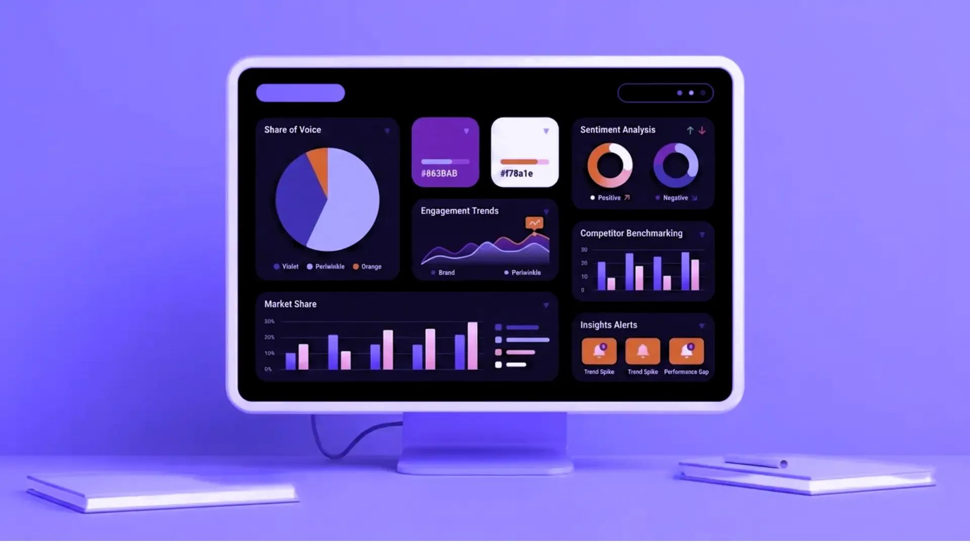 A monitor and floating panels showing competitive analytics charts and graphs, lit in purple, representing competitive intelligence.