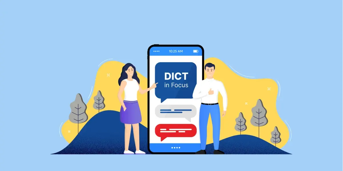 Illustration of a smartphone showing a “DICT” app with figures and a yellow landscape, representing SIM registration media coverage.