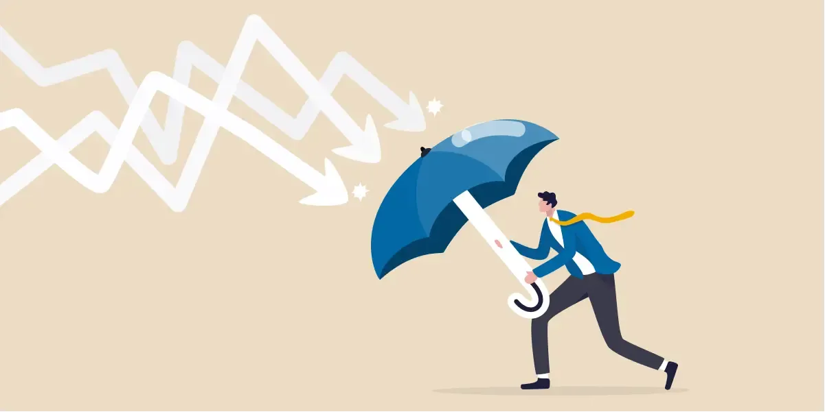 Illustration of a businessman holding an umbrella against falling arrows and crisis symbols, representing social listening in crisis management.