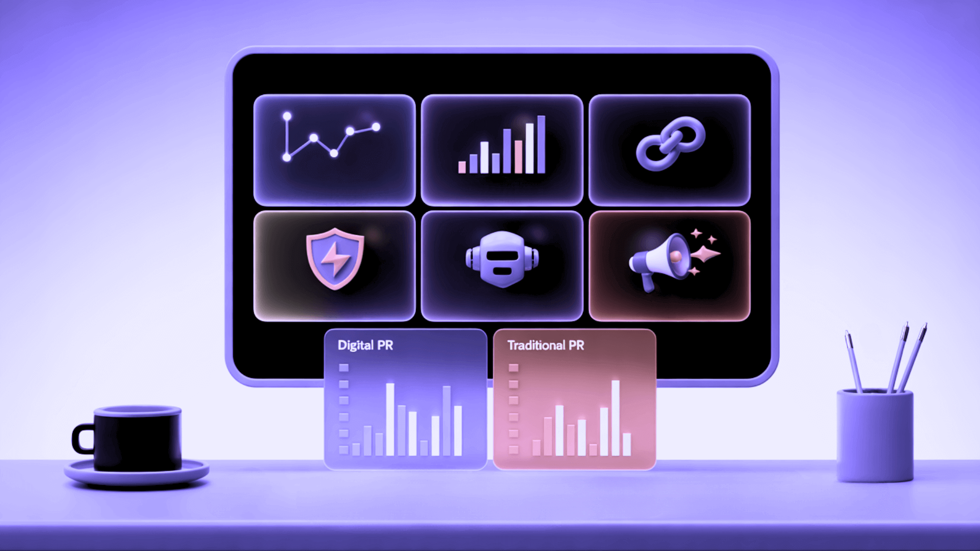 A monitor showing a dark dashboard with a security shield and connected-node icons over charts, lit in neon purple, representing digital PR.