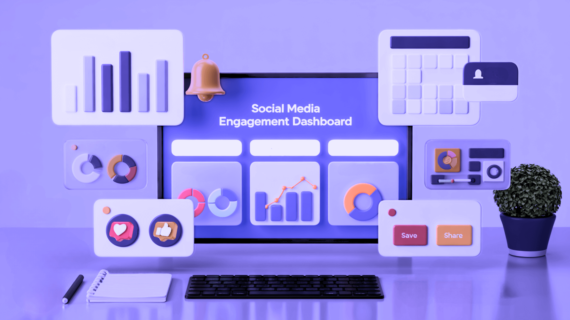 A monitor and floating panels showing social-media engagement charts, bar graphs, and reaction icons beside a potted plant, lit in purple.