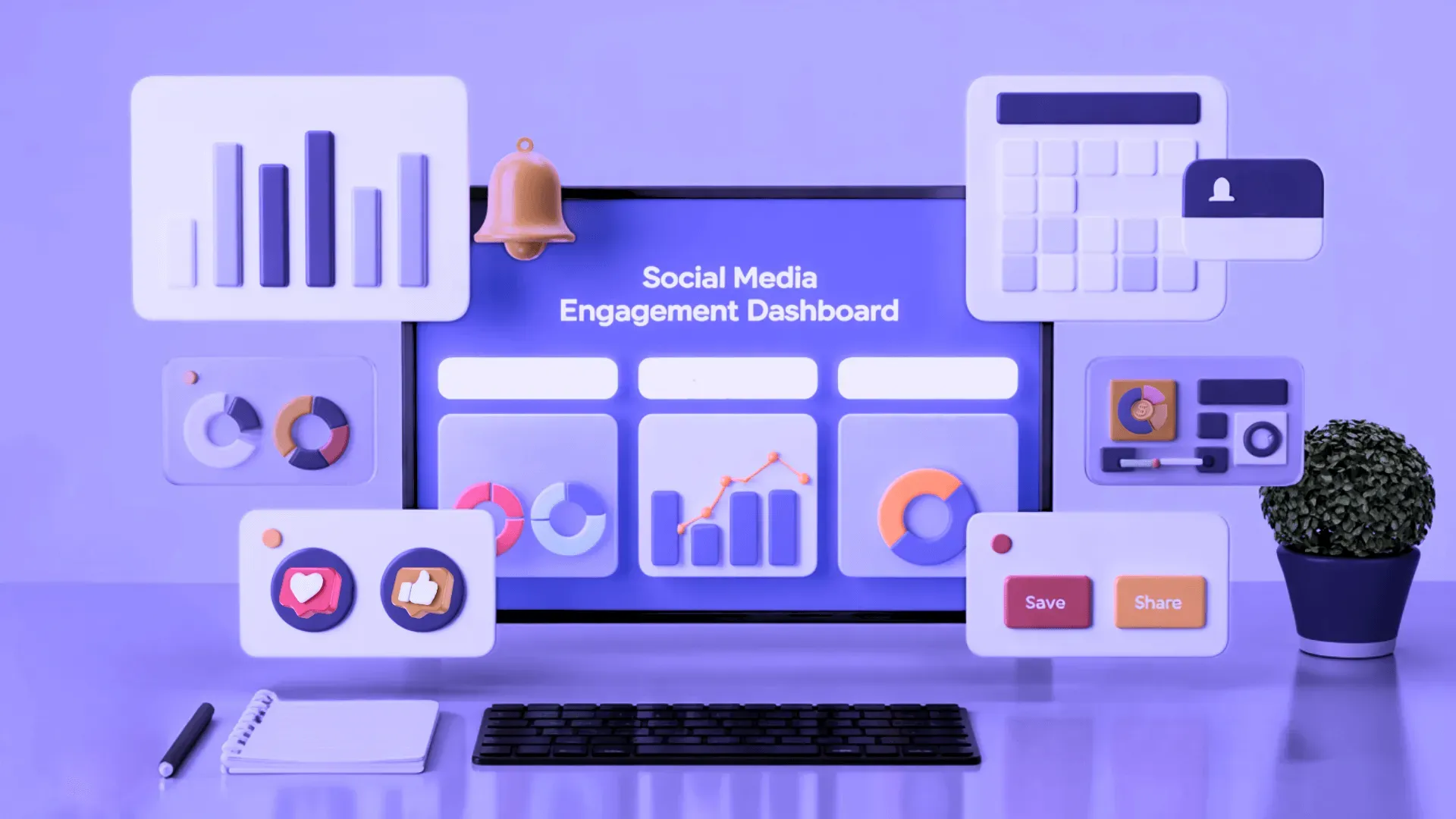 A monitor and floating panels showing social-media engagement charts, bar graphs, and reaction icons beside a potted plant, lit in purple.