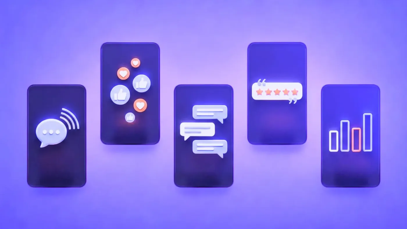 Three floating dark cards on a purple background showing chat bubbles, reaction icons, and a small bar chart, representing earned media value.