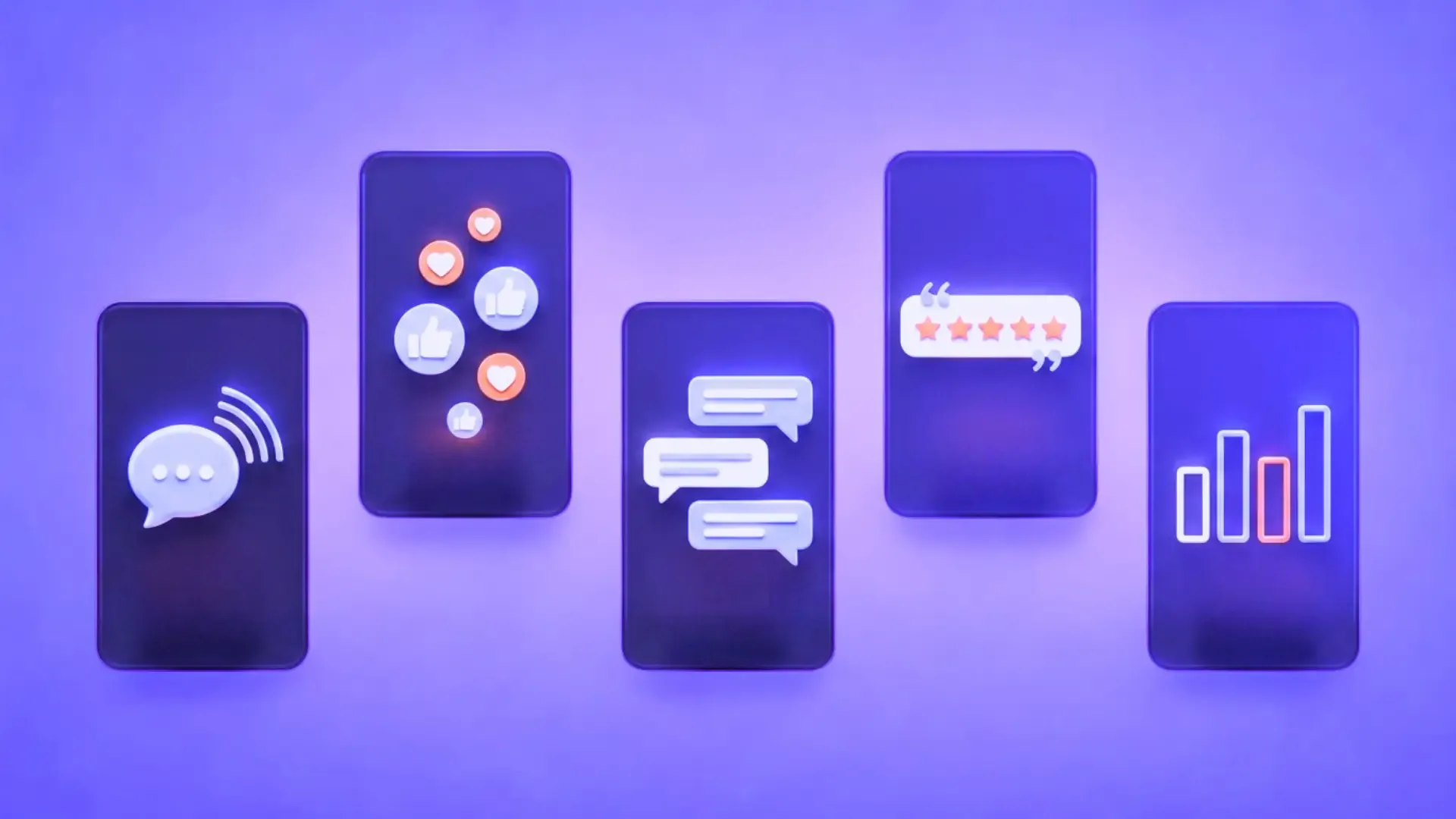 Three floating dark cards on a purple background showing chat bubbles, reaction icons, and a small bar chart, representing earned media value.