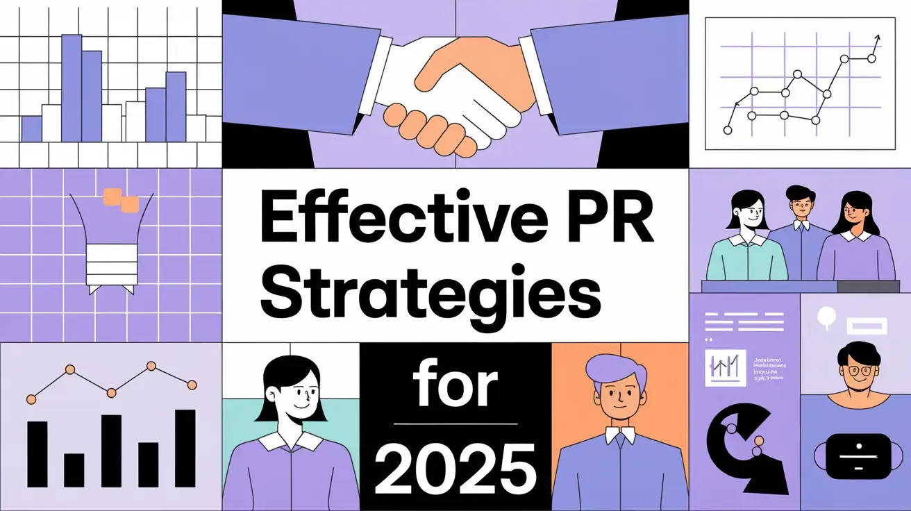 Illustrated graphic reading “Effective PR Strategies for 2025” with a handshake, charts, and small business figures.