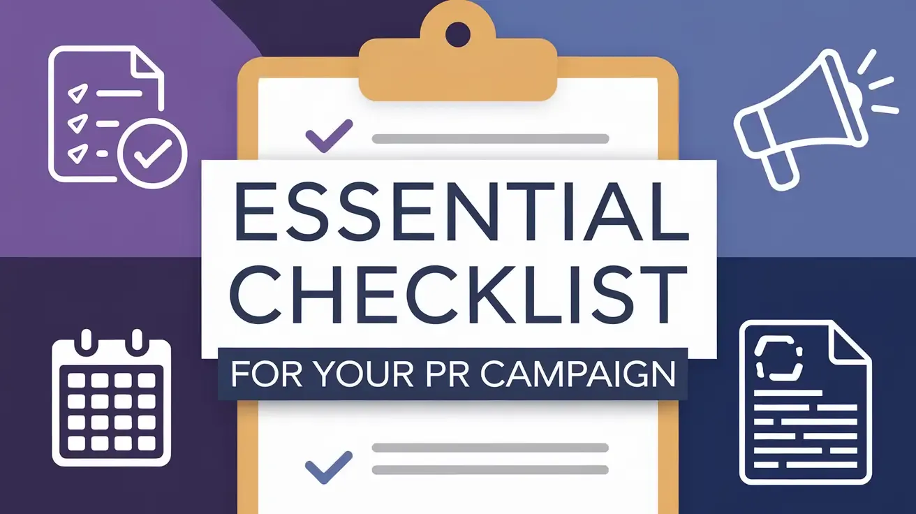 Illustrated graphic of a clipboard reading “ESSENTIAL CHECKLIST FOR YOUR PR CAMPAIGN” with checkmarks, a calendar, and a megaphone.
