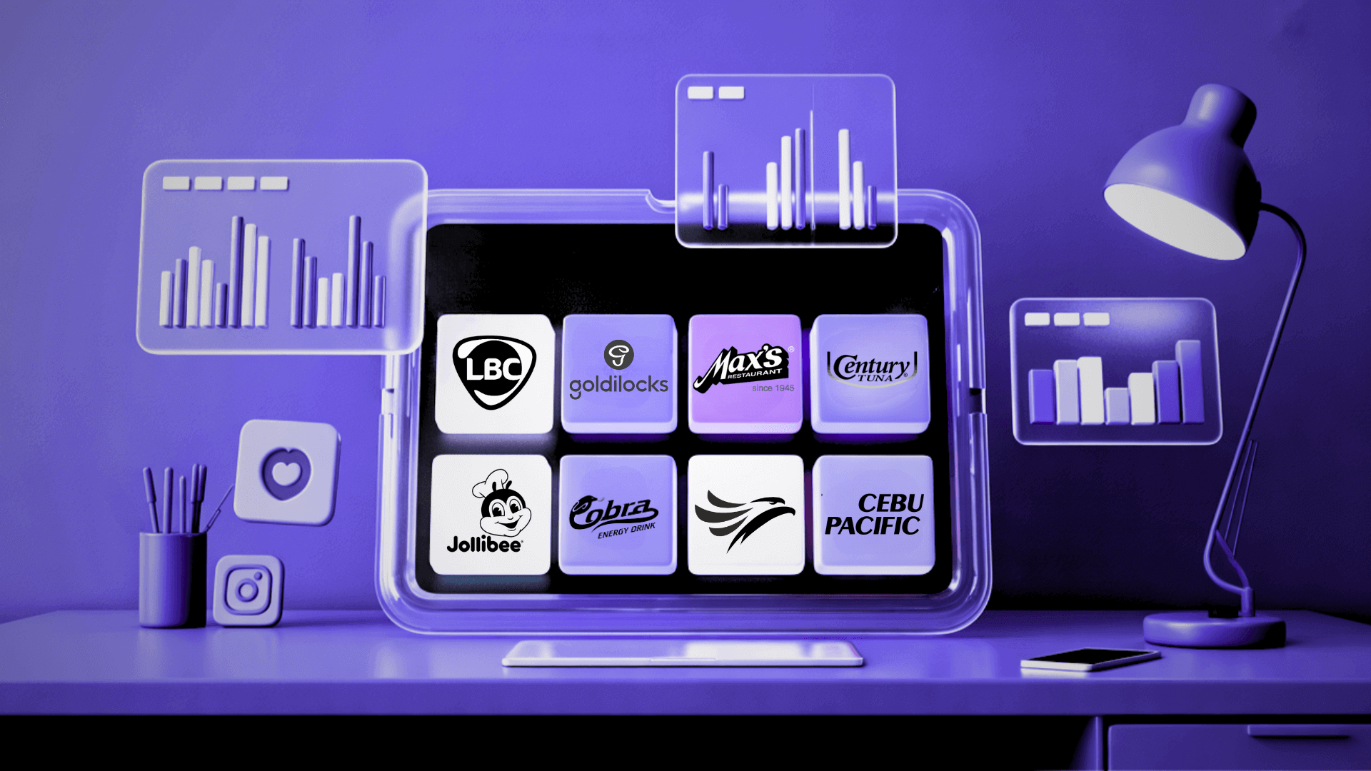 A tablet showing a grid of brand-logo placeholders beside chart panels and a desk lamp, lit in purple, themed for brand taglines.