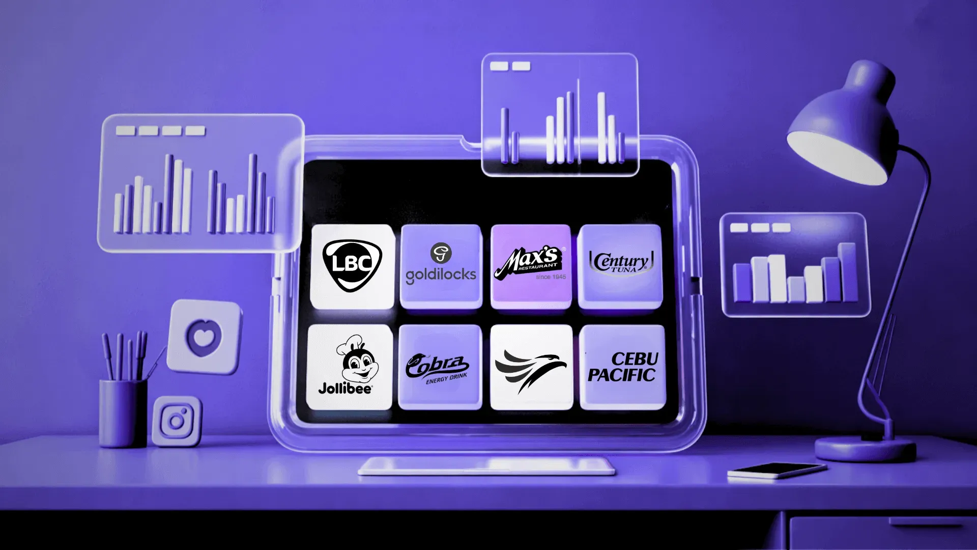 A tablet showing a grid of brand-logo placeholders beside chart panels and a desk lamp, lit in purple, themed for brand taglines.