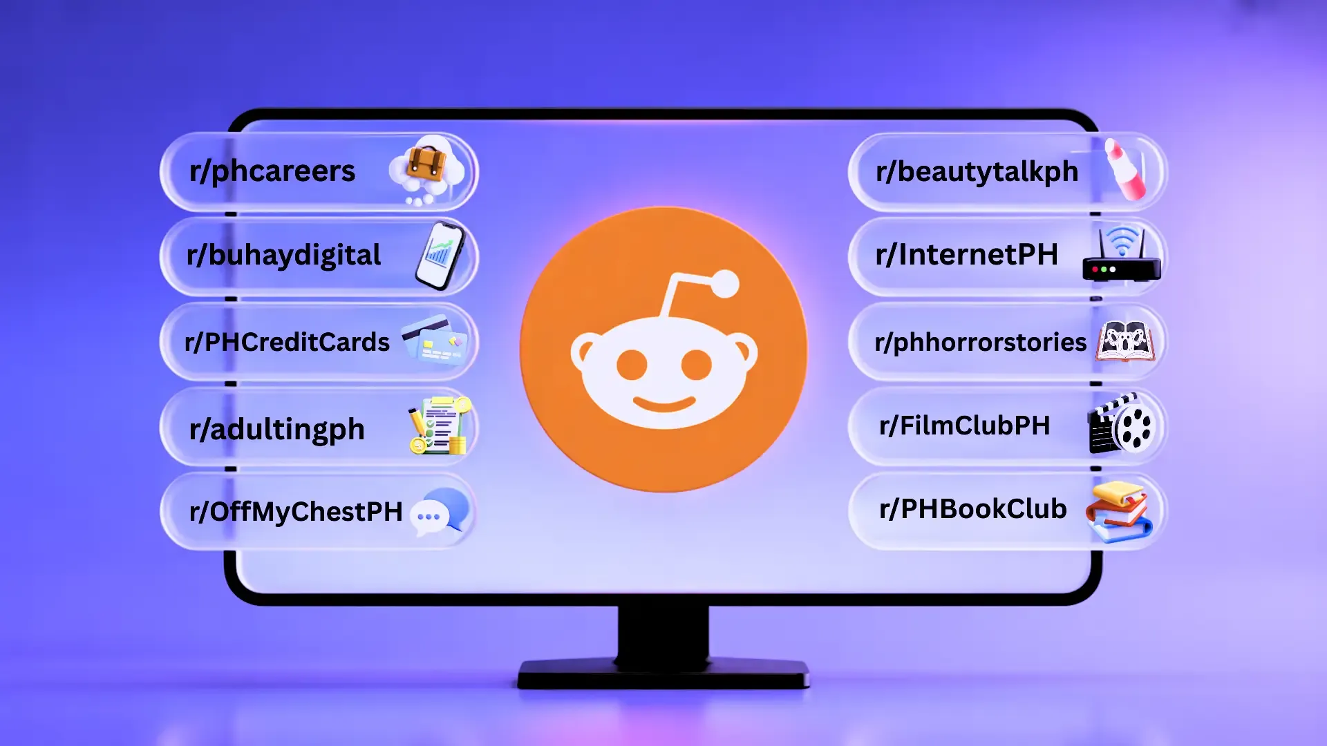 A monitor displaying the orange Reddit alien logo surrounded by chat-bubble tags labeled with Filipino subreddit names such as r/PHCareers, r/InternetPH, r/PHCreditCards, r/studyingph, r/MyChestPH, r/beautytalkph, r/phinvest, r/PHBookClub, and r/AntiTimerstories.