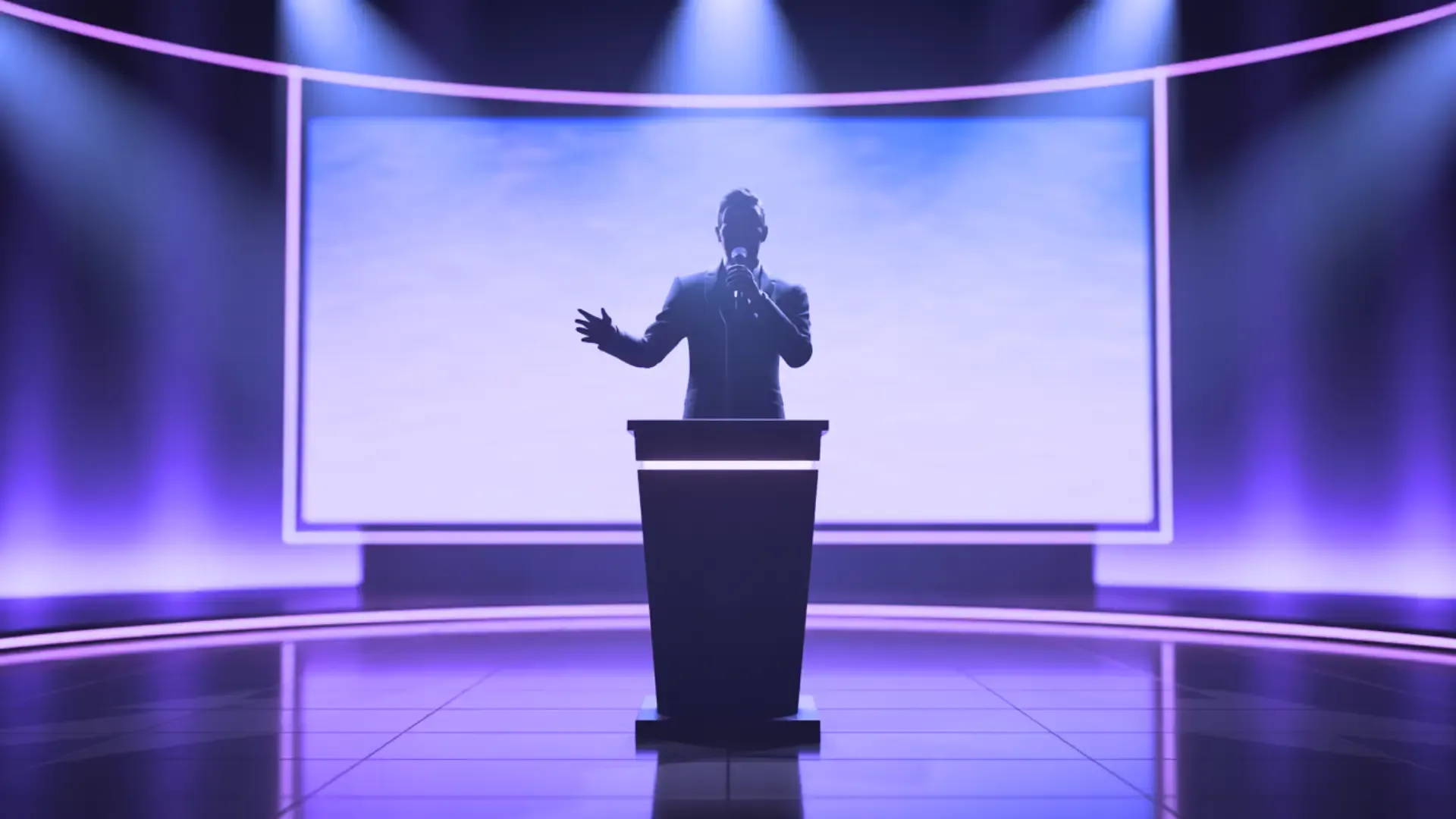 A silhouetted presenter gestures toward a large curved screen on a purple-lit stage, evoking a television game show.