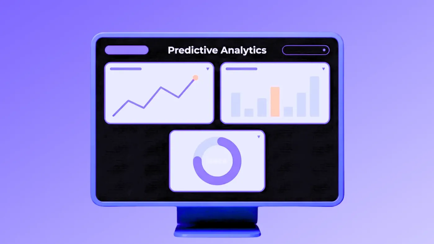 A computer monitor showing a “Predictive Analytics” dashboard with rising line graphs and a donut chart on a purple background.