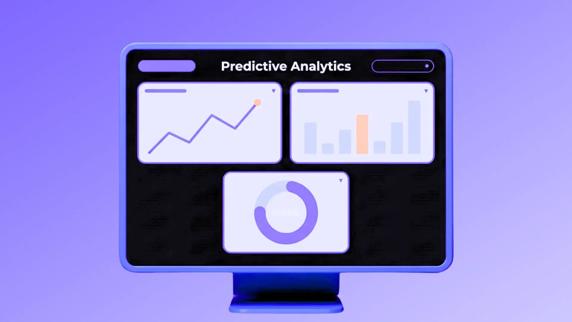 A computer monitor showing a “Predictive Analytics” dashboard with rising line graphs and a donut chart on a purple background.
