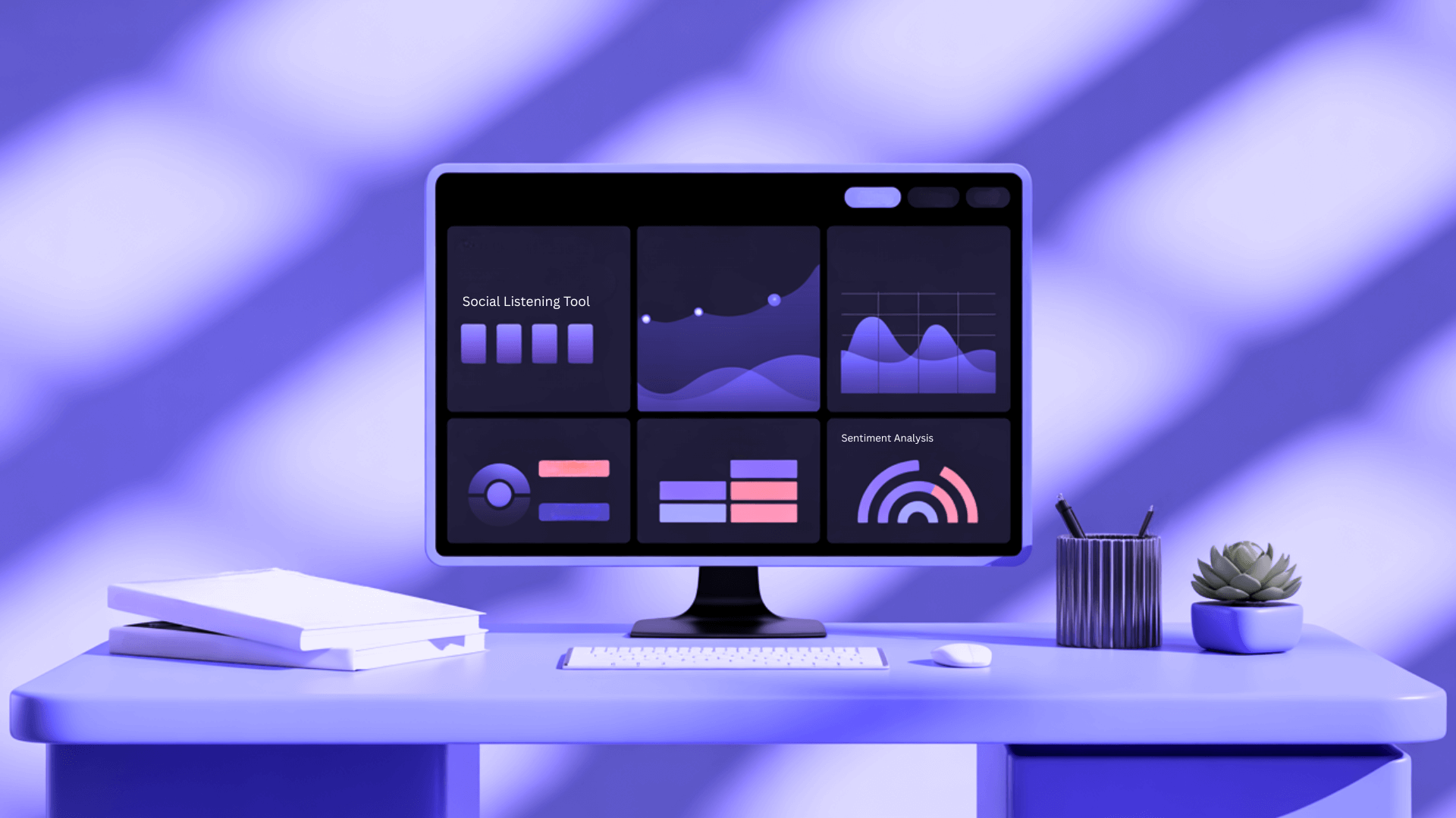 A monitor on a desk showing a business-growth dashboard with charts and a circular gauge, lit in purple.