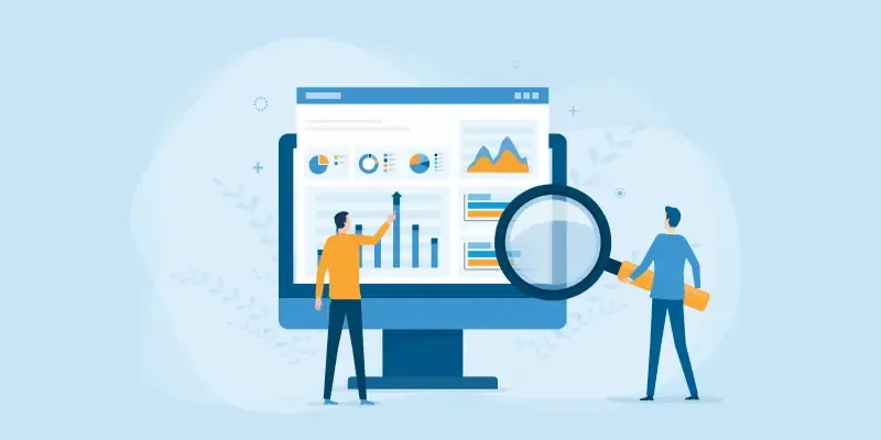 Illustration of figures around a monitor with a magnifying glass and charts on a blue background, about media-monitoring reports.