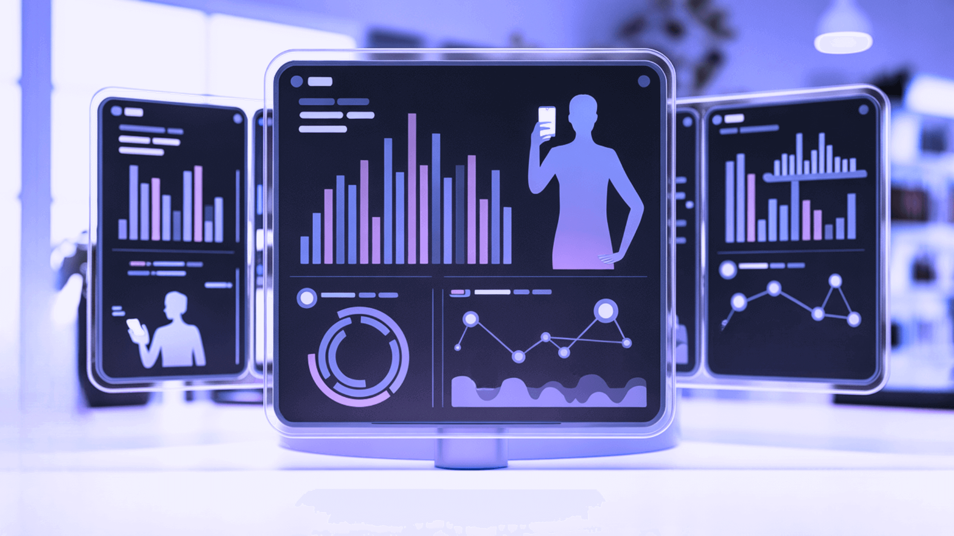 A monitor with a media-and-charts dashboard, a play button, and small figures alongside graphs, lit in soft purple, illustrating the creator economy.