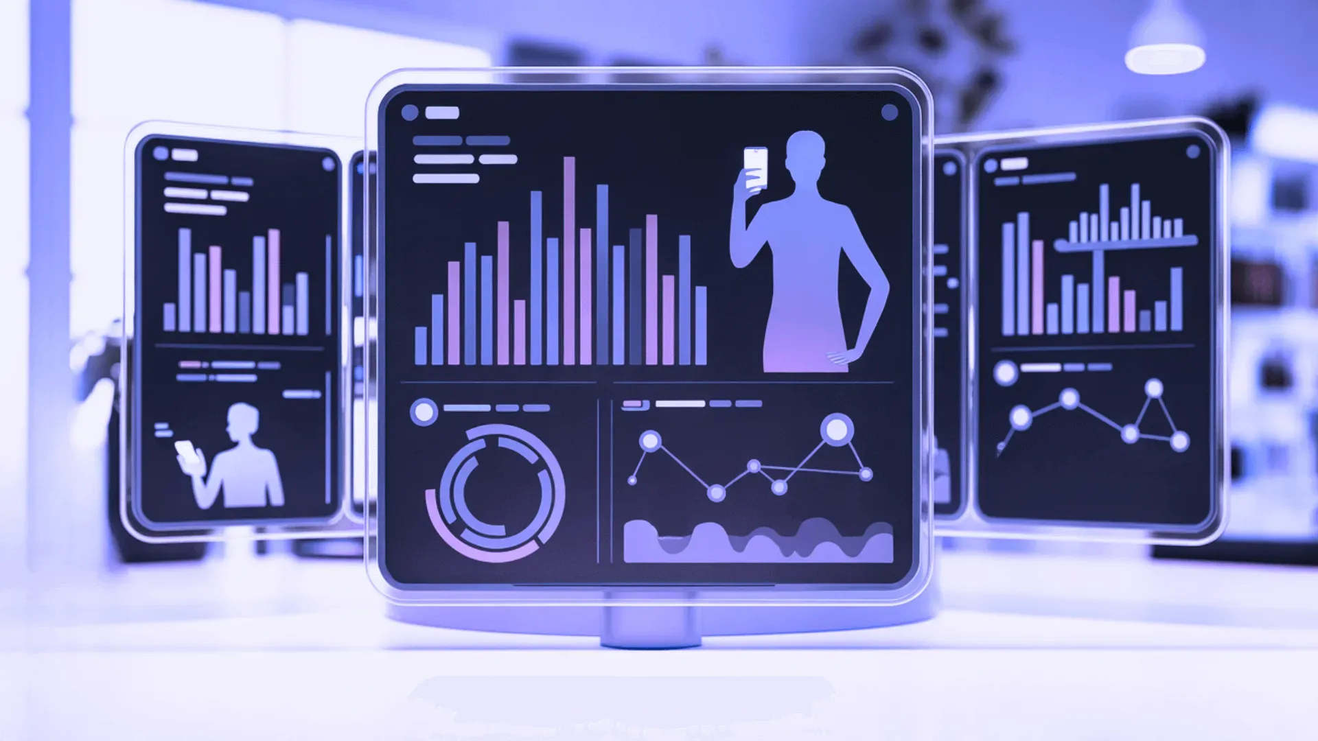 A monitor with a media-and-charts dashboard, a play button, and small figures alongside graphs, lit in soft purple, illustrating the creator economy.