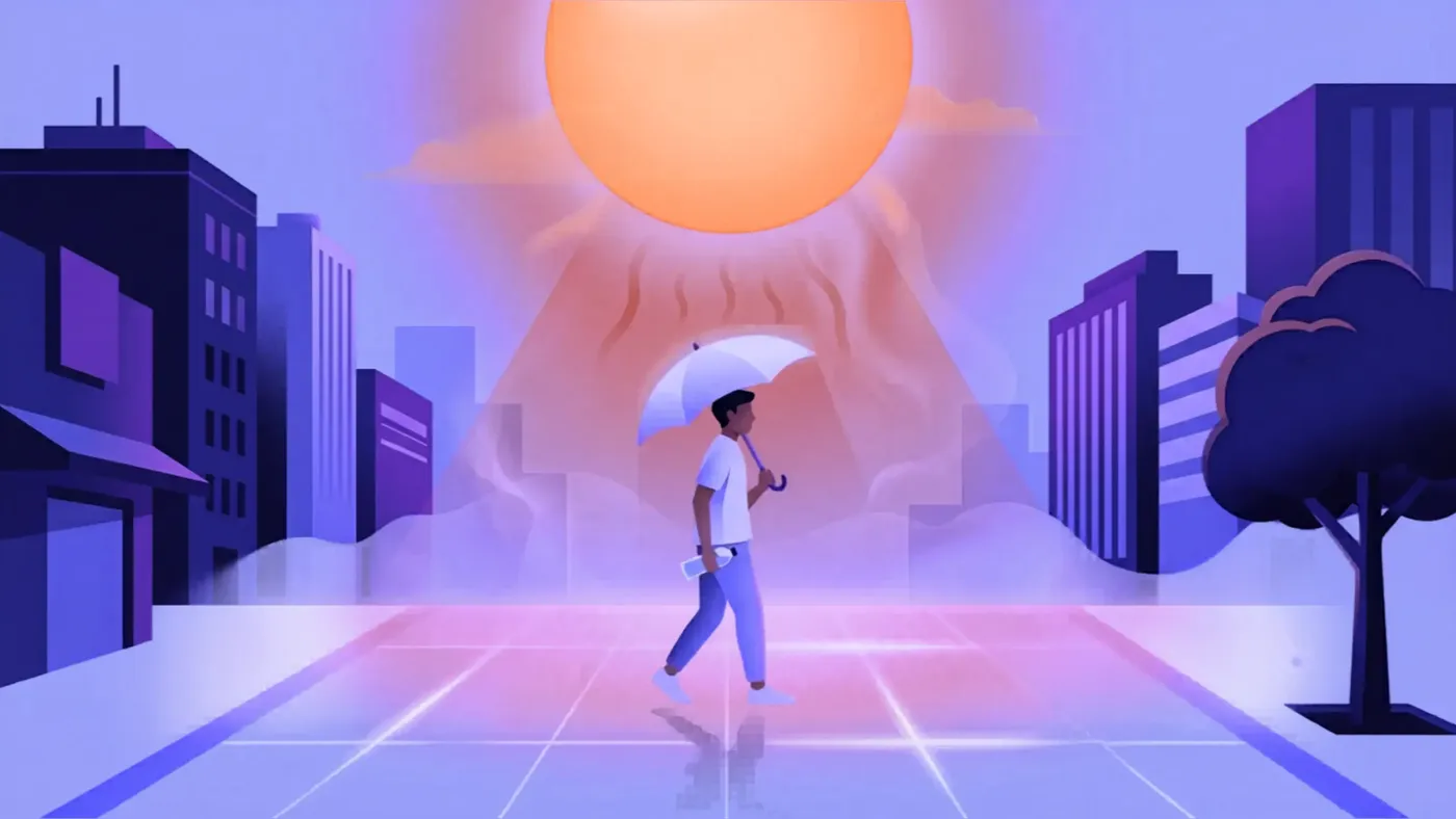 Stylized illustration of a person holding an umbrella under a large glowing sun in a city plaza, conveying intense heat.