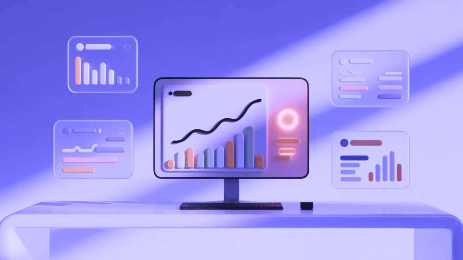 A desk scene with a monitor showing analytics dashboards and a glowing warning-triangle alert icon, representing a brand-crisis early-warning system.