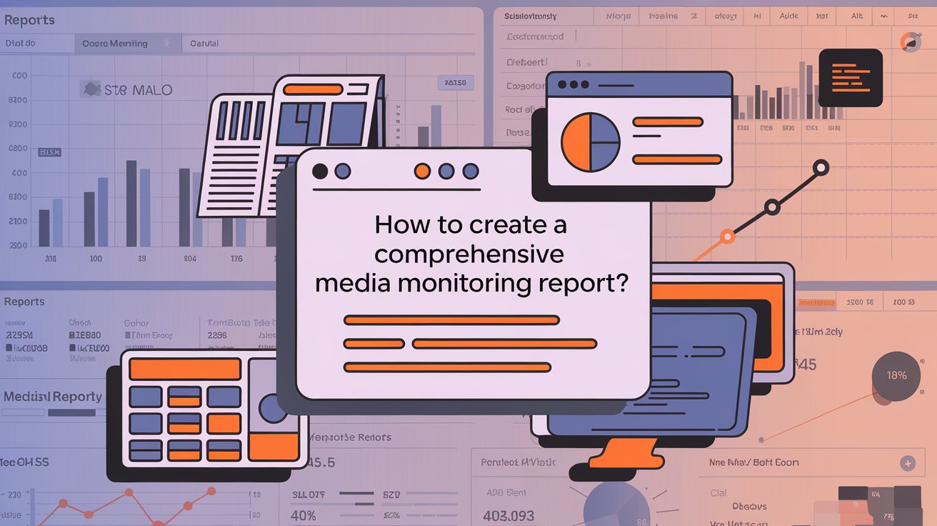 Illustrated graphic with a panel reading “How to create a comprehensive media monitoring report?” beside dashboard charts and a line graph.