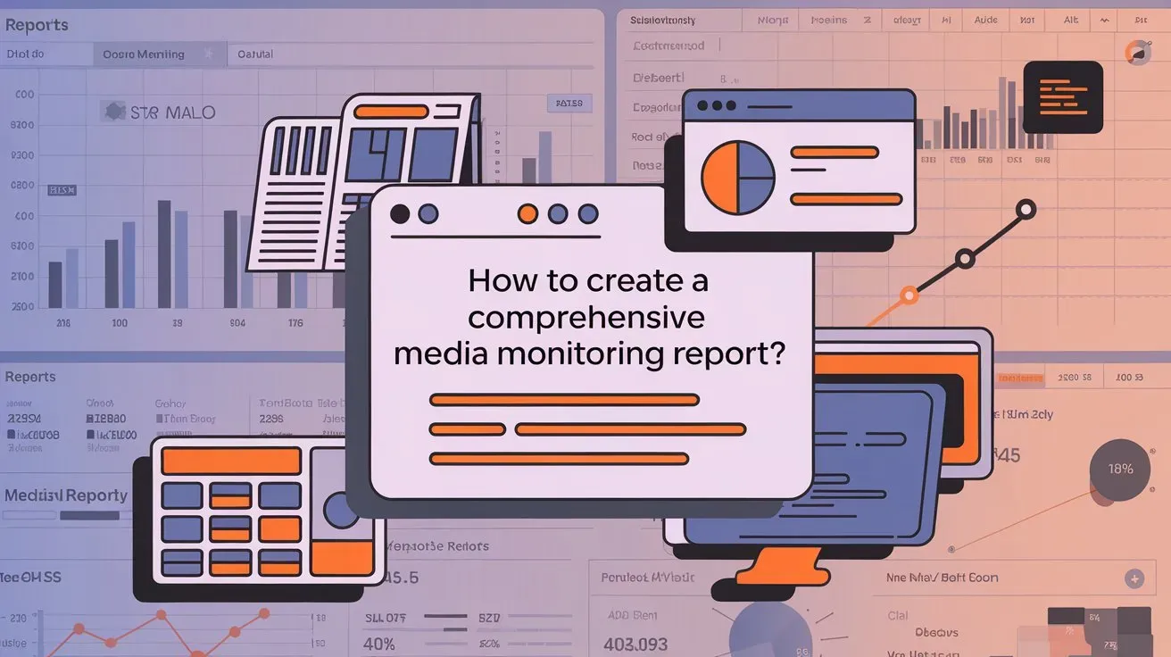 Illustrated graphic with a panel reading “How to create a comprehensive media monitoring report?” beside dashboard charts and a line graph.