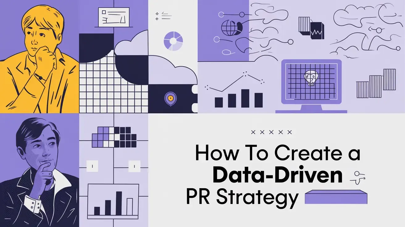 Illustrated graphic reading “How To Create a Data-Driven PR Strategy” with a figure, charts, and data icons in purple tones.
