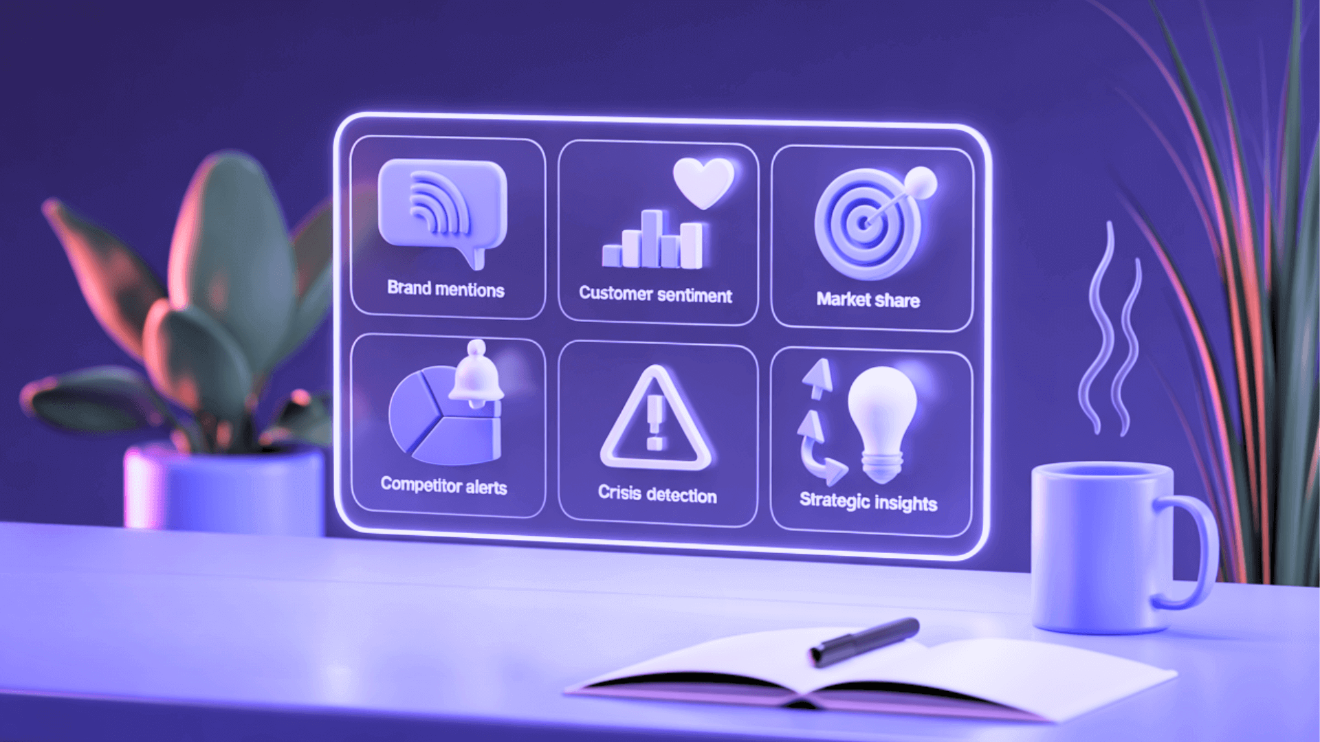 A monitor showing a brand-mention monitoring dashboard with target, warning, lightbulb, and graph icons beside a potted plant and coffee mug, lit in purple.