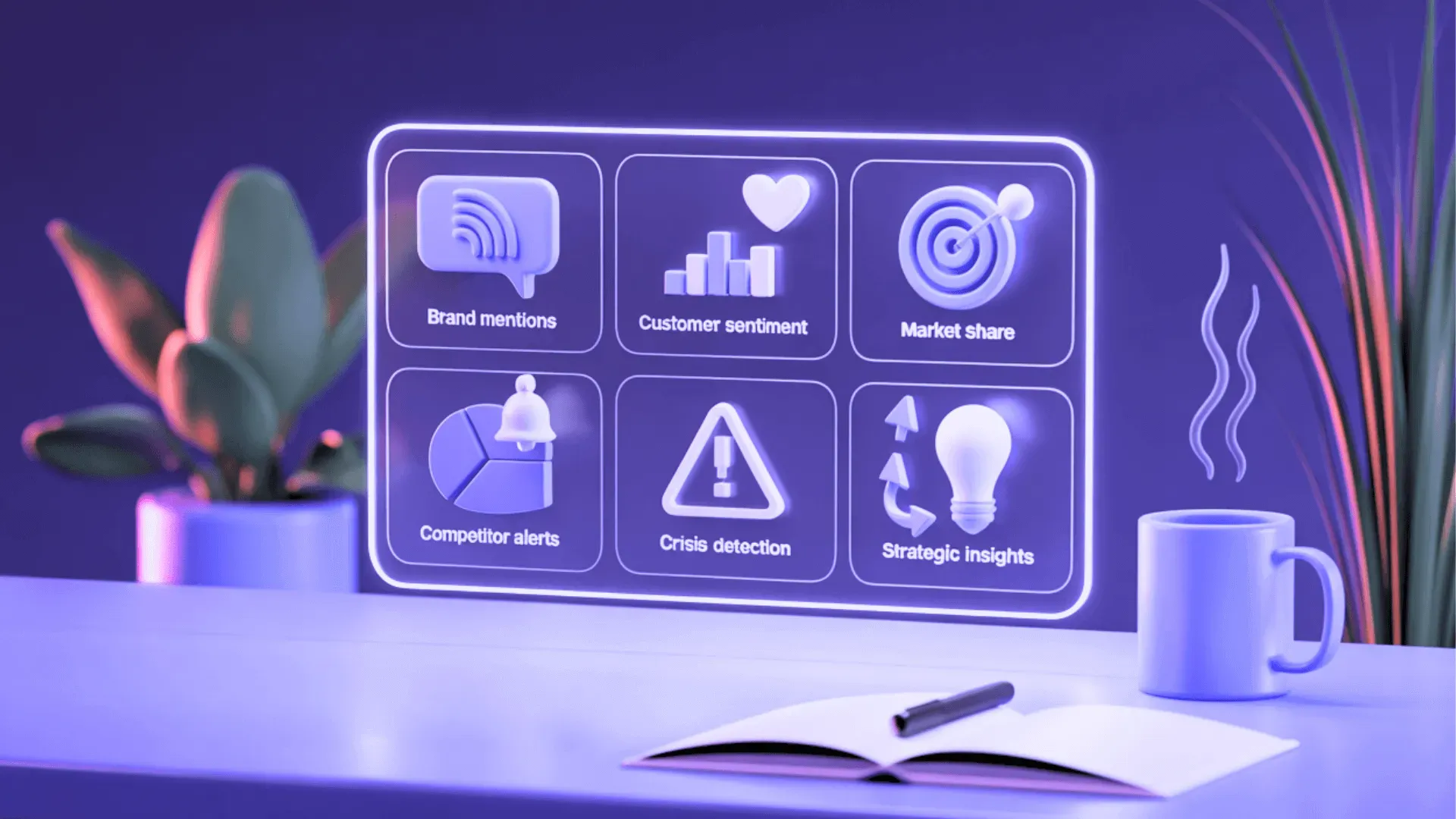 A monitor showing a brand-mention monitoring dashboard with target, warning, lightbulb, and graph icons beside a potted plant and coffee mug, lit in purple.