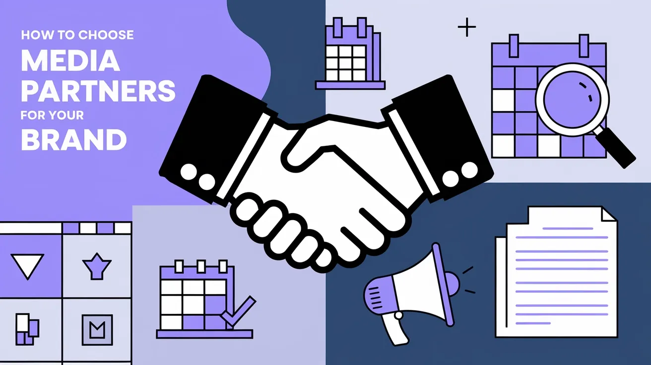 Illustrated graphic headed “HOW TO CHOOSE MEDIA PARTNERS FOR YOUR BRAND” with a handshake, magnifying glass, and document icons.